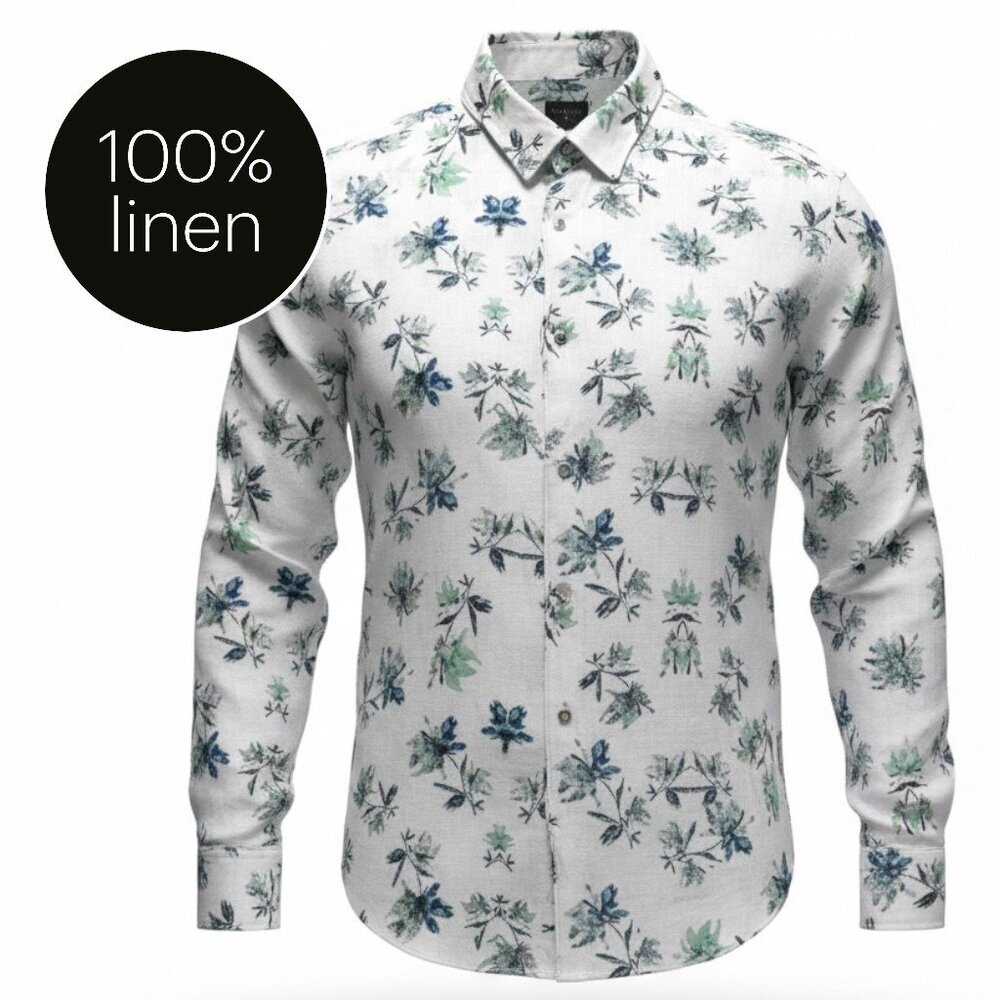 CITY LIFE White Floral 100% Linen Button Up Shirt Lightweight Casual Spring Summ